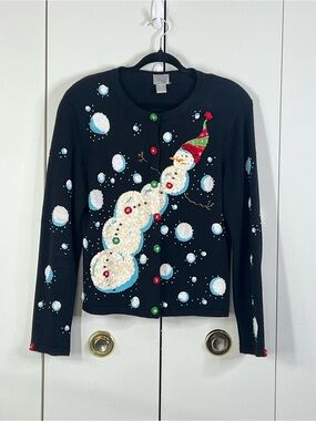 Berek Vintage Black Sequin Snowman Christmas Cardigan Sweater Women XL Holiday